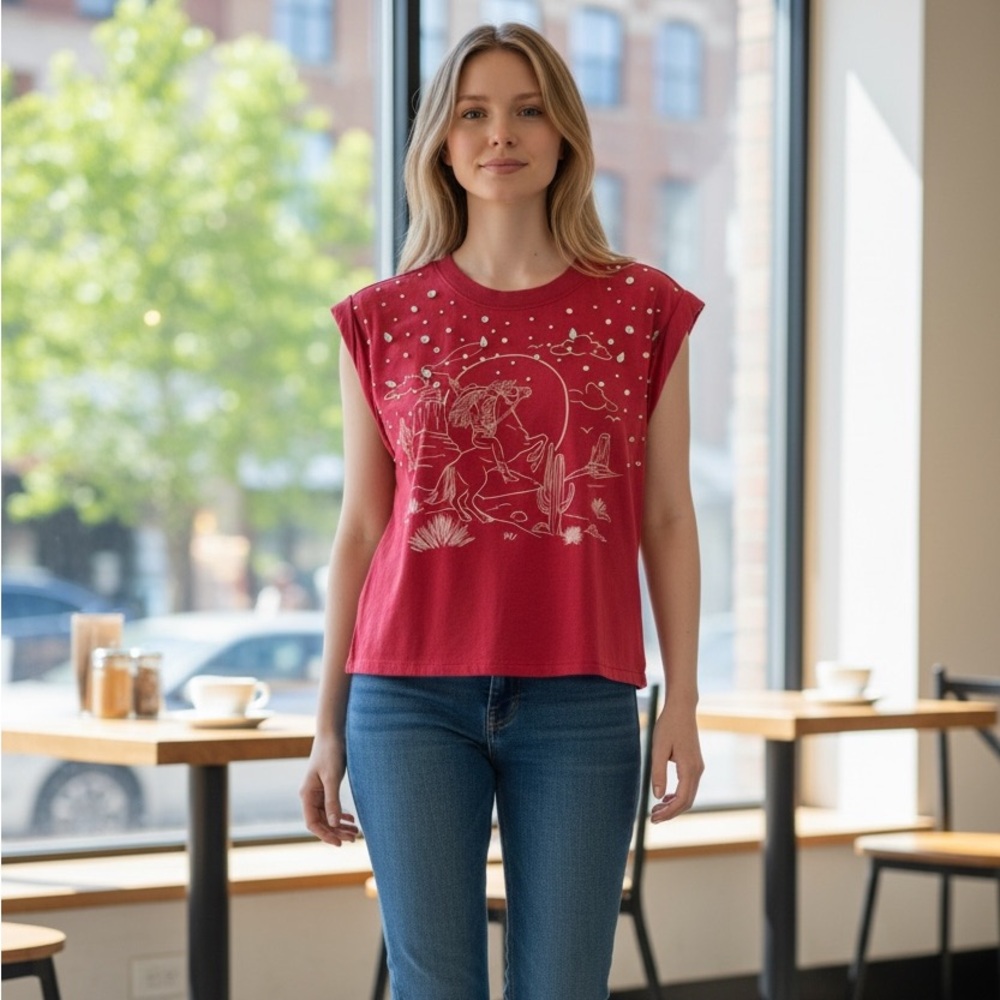 NWT WILDFOX Rhinestone Cowgirl Annabelle Graphic Muscle Tee S